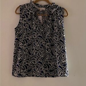 NWT LOFT Women's Paisley Sleeveless Blouse - Navy and White